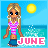 Pixel art of a blonde girl in a pink striped top and blue skirt standing on a beach with a sun and ocean background, text 'JUNE' below.