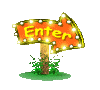 Two side-by-side animated orange arrow signs with yellow text reading 'Enter', each mounted on a brown post with green grass base and surrounded by glowing white bulbs.