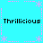 Pixelated cyan background with pink dotted borders and asterisk motifs, displaying four instances of the word "Thrillicious" in black text.