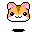 Pixel art hamster head with orange-brown fur, pink inner ears, white cheeks, and black eyes; four expressions show mouth variations including closed teeth, open tongue, and smiling.