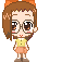 Pixel art character with brown hair and glasses in yellow shirt, orange skirt, and brown shoes across multiple poses.