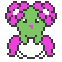 Green pixelated character with pink flower-like hair and arms, white belly patch, standing on gray background.
