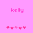 Pixelated pink text 'kelly' appears above two of pink heart icons on a solid pink background