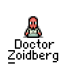 A 4x4 contact sheet of pixel art frames featuring a cartoon character with red skin and blue eyes, displaying various poses and speech bubbles containing text like "NON OPEN", "NICE AND", "LET'S SEE", and "THAT ERAN" above the repeated name "Doctor Zoidberg".