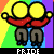 Six-frame animated contact sheet of a pixelated stick figure icon with rainbow background and "PRIDE" text, showing sequential arm movements across frames.