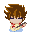 Pixelated character with brown hair and blue eyes plays a dark gray guitar, wearing red scarf and light blue shirt against gray background.