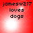 Red background with black text 'jamesw217 loves dogs' and white light effects, animated with shifting light positions.