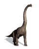 Brown dinosaur with long neck and tail stands on white background, shifting weight between legs across frames.