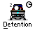 Animated pixel art contact sheet showing a detention-themed icon with a desk, chair, and clock across eight frames displaying sequential animation changes.
