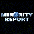 Pixelated text reads 'MINORITY REPORT' with a blue circular shape replacing the 'O' in 'MINORITY', set against a dark background with scattered light speckles.