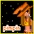 Pixel art animation of a cartoon woman with long brown hair wearing an orange hat and yellow top, standing against a black starry background with the text "pimpin" below her in four sequential frames showing slight movement.