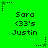 Green background with repeating text and star icons; each contains 'Sara', '(33's', and 'Justin' in black pixelated font, surrounded by green or black stars