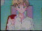 Animated sequence showing a blonde anime character with red bow, transitioning from seated pose to excited expression with multiple background variations.