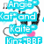 Pixelated blue text blocks spell 'Angie Cat and Katie' over a white background with black curved lines, pink accents, and partial visible letters.