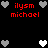 Pixelated red text 'ilysm michael' surrounded by gray and white heart icons on a black background.