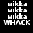 Four black square each contain stacked white text reading 'wikka' three times followed by 'WHACK', with the top-right featuring a small heart symbol and bottom-right having a star-like symbol