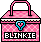 Pixelated pink checkered handbag with blue heart emblem and black handle; left bag displays 'BLINKIE' text, right bag shows 'STAR' text.