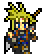 Pixel art character with spiky yellow hair, blue eyes, and a multicolored outfit holding two swords in different poses.
