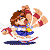 Pixel art character in blue and white dress with red accents, brown hair tied with red ribbon, performing four distinct poses against gray background.