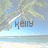 Pixelated beach scene with palm tree, blue sky, and light-colored sand; dark gray text 'KELLY' overlaid in the center.