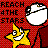 Pixelated icon with red checkered background, yellow star character, and white speech bubble containing text.