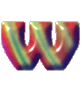 A glossy, rainbow-colored letter W with smooth gradients transitioning between red, green, yellow, and purple hues on a light gray background.