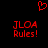 Red pixelated text and heart symbol on black background, two identical side-by-side displays of 'JLOA Rules!' with a red heart above.
