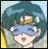 Pixelated character with teal hair, blue eyeshadow, and a golden crown-like accessory, set against a blurred background with yellow and green tones.