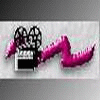 A small animated icon featuring a black film projector with two reels and pink wavy lines on a light gray background, accompanied by changing text above.