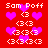 Red background with pink hearts and white text 'Sam Poff' above repeated '<3' symbols in pixelated style.