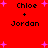 Red background with pink plus signs; four identical text blocks reading "Chloe + Jordan" in black pixelated font arranged in a