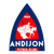 Pixelated icon with blue triangular border enclosing red background and white star-like shape, below which is partial text reading 'AHBUCN' in blocky letters.