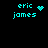 Cyan pixelated text 'eric james' on black background with four distinct animated variations of symbols above the name.