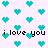 Pixelated cyan hearts on light purple background with repeated black text "i love you" in three horizontal bands.