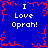 A 4-frame animated contact sheet showing a blue background with red pixelated border and repeated white text "I Love Oprah!" in each frame.