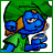 A 4x4 contact sheet of animated frames showing a Smurf character with cannabis leaf symbols and text variations, each frame displaying different pixelated text states against a white background.