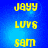 Yellow pixelated text on blue background cycles through 'JAYY', 'LOVE', and 'SAM' in vertical sequence.