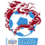 Pixelated circular icon with red and blue swirling patterns surrounding a central white area containing a blue shape, set against gray background.