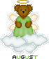 Pixelated angel bear in green dress with wings and halo stands on cloud, text 'AUGUST' below.