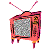 Six identical red vintage televisions with pink antennas and yellow knobs, each displaying static noise on the screen.