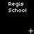 Black background with repeated 'Regis School' text and green pixelated symbols changing across frames.