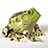 Pixelated green bullfrog icon with textured skin and dark spots on a white background, accompanied by neon-green text overlays.