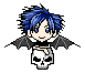Pixel art character with blue spiky hair and black bat wings holding a skull, showing four distinct facial expressions
