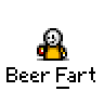 Animated contact sheet of a pixel art character holding a beer bottle with fart effects, displayed across 22 frames in a 5x5 grid on gray background.