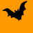 Three black bat silhouettes on orange background, each in distinct flight poses with wings spread or folded.