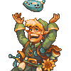 Pixel art character with blonde hair and green tunic raises arms, holding a blue item above head against gray background.