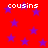 Red background with purple stars and white text reading 'cousins' in four locations.