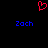 Red pixelated heart symbol above two blue 'Zach' text instances on black background.