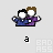 Two pixelated figures in blue and purple clothing with white faces and brown hair, standing side-by-side with arms raised, displayed in a of six identical frames