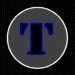 Circular gray icon with blue 'T' symbol rotating through multiple angles on black background.